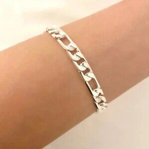 925 Sterling Silver Flat Chain Link Bracelet Modern Figaro Bracelet Chain Link